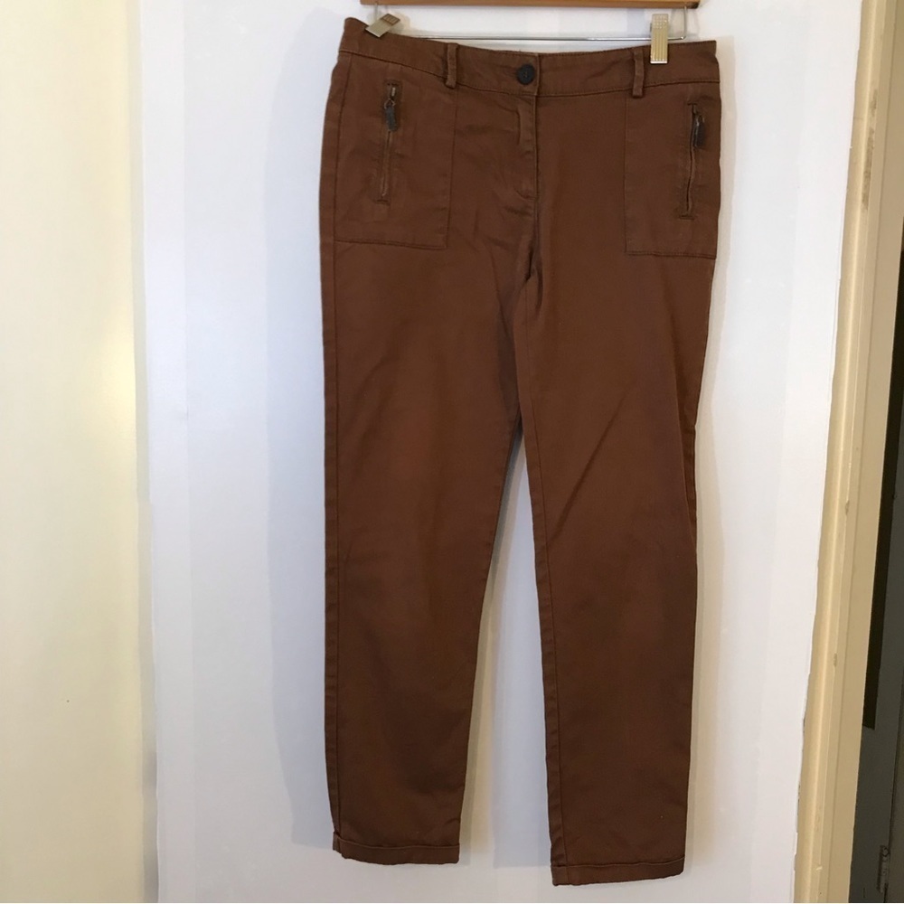 Zara Basic Women's Skinny Brown Moto Zip Pocket Ankle Crop Pants Khaki Jean